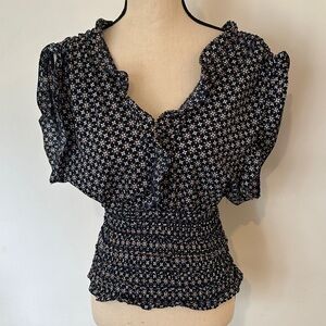 Max Studio Navy and White Patterned Blouse Ruffles Large